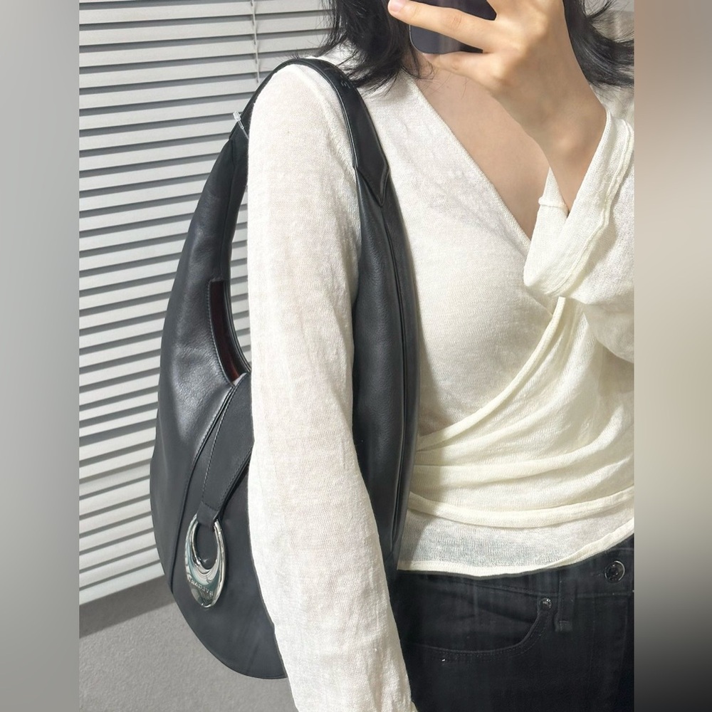 Auth🖤Bvlgari Black Leather Shoulder Bag with Silver Accent